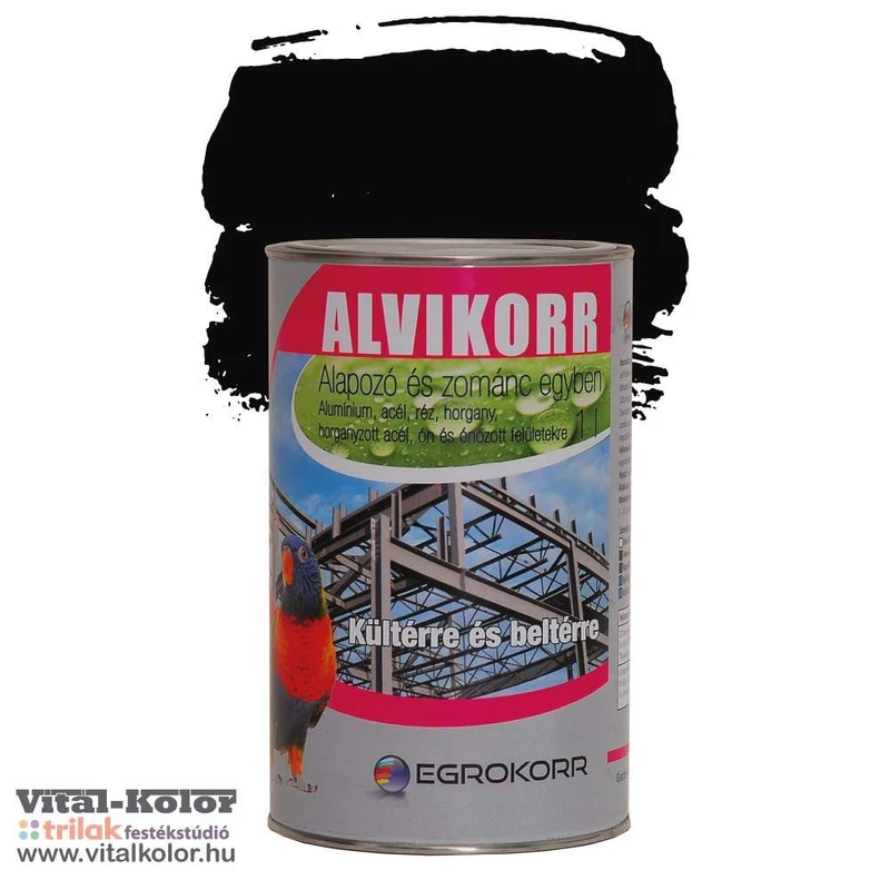 Alvikorr alapozó és zománcfesték egyben fekete ral 9005 színben 1 literes kiszerelésben
